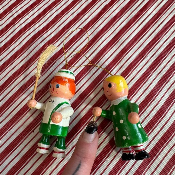 Vintage Wooden Christmas Ornaments Boy & Girl Hand-Painted Holiday Figurines - Picture 2 of 3